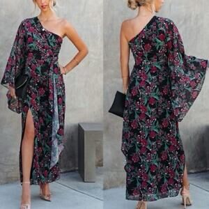 Dee Elly Women’s Floral Rose One Shoulder Maxi Dress Leg Split Size Small